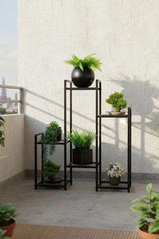6 Raflı Siyah Metal Çiçeklik & Saksılık - Modern Dekoratif Balkon Ve Salon Bitki Standı