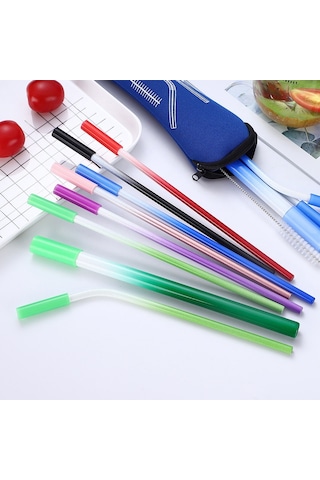 8'li Set Paslanmaz Çelik Metal Pipet, Renkli Ve Yeniden Kullanılabilir Mavi