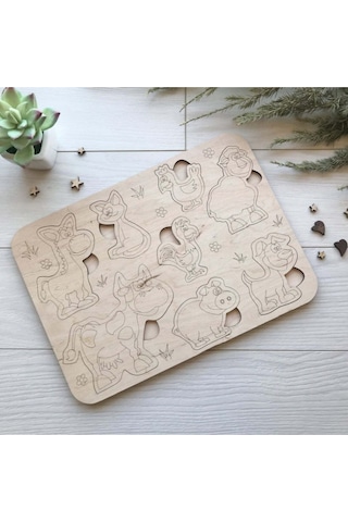 Montessori Boyanabilir 3'lü Puzzle Seti Hayvanlar Meyveler Ve Sebzeler Doğal Ahşap