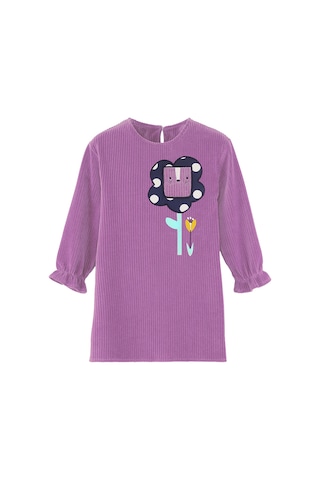 Denokids Çiçekli Kız Çocuk Lila Kadife Elbise Renkli
