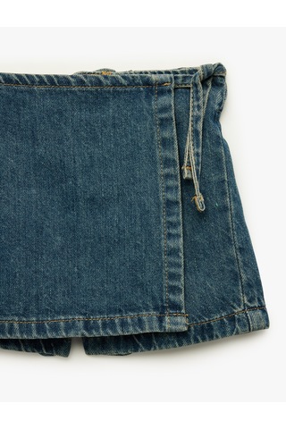 Koton Normal Bel Bağlama Detaylı Pamuklu Denim Şort Etek Orta İndigo 6smg40023ad
