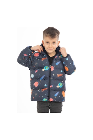 Erkek Çocuk İçi Polarlı Kapüşonlu Gezegen Yıldız Desenli Kışlık Şişme Mont Lacivert