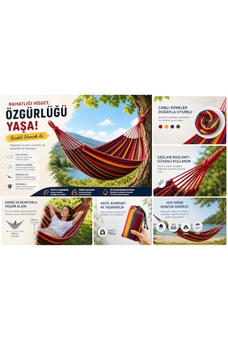 Çift Kişilik Hamak 260x150 Cm Kolay Kurulabilir Bahçe Balkon Kamp Salıncak Hamak Çantalı Çok Renkli
