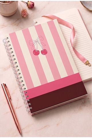 Kiraz Desenli Sert Kapak Spiralli Çizgili Defter 17x24cm 120 Yaprak 1 Adet Not Defteri Okul Büro Ofis Defteri Pembe