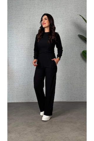 S-pazarım Kadın Uzun Kol Bisiklet Yaka Bürümcük Bluz Ve Pantolon Ikili Takım Siyah