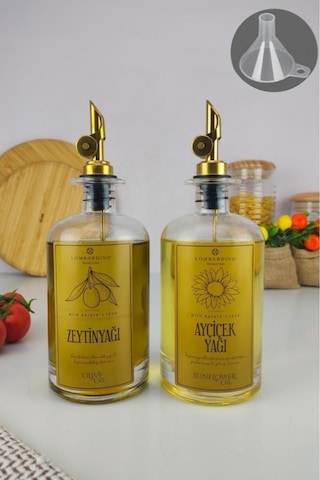 Digithome Lombardino 2'li Zeytinyağı Ve Sıvıyağ Şişesi Otomatik Kapaklı Gold Etiketli Yağdanlık 500 Ml