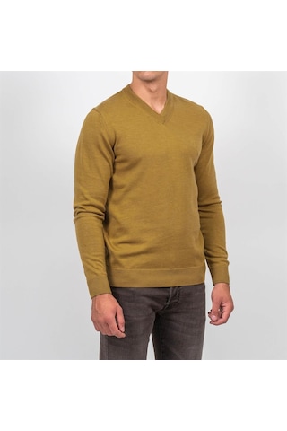 Erkek V Yaka Triko Slim Fit Pamuklu Kazak Ncs Jeans 3002-Hardal