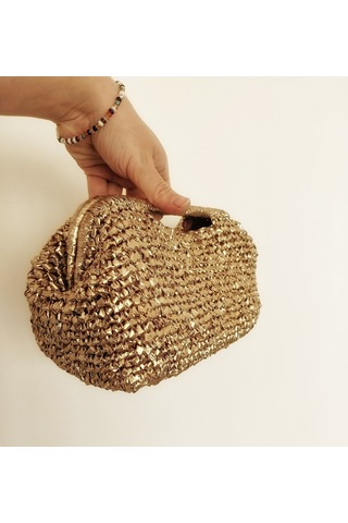 Parlak Tutmalı El Çantaları , El Yapımı Işıltılı Clutch, Örgü El Çantası Altın