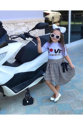 Modavals Love Baskılı Yırtmaç Kol Detaylı Pötükare Etekli Kız Çocuk Etekli Alt Üst Takım Çok Renkli