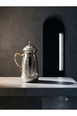 Bakır Sürahi 2,5 Litre İçi Kalaylı 1,2 Mm Kapaklı Dövme Ve El İşlemeli İbrik