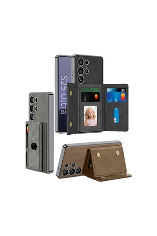 Galaxy S25 Ultra İle Uyumlu Kılıfı Kartlıklı Stand Olabilen M-safe Şarj Özellikli Kamera Lens Korumalı Suni Deri Tasarımlı Kapak Kıpta Siyah 50 x 22