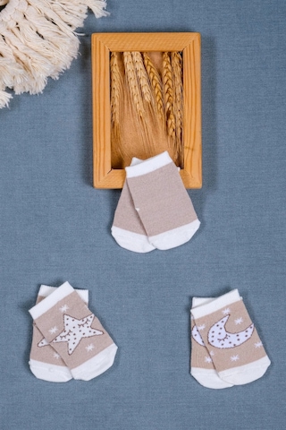 Cocole Socks Erkek Bebek Soket Çorabı 3 Lü Set Pamuklu Bej Ay & Yıldız Desenli Çok Renkli