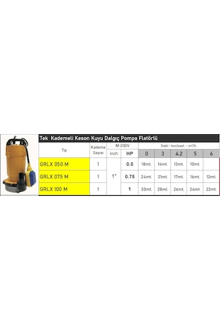 Grlx075 0.75 Hp Flatörlü Tek Kademeli Keson Kuyu Dalgıç Pompa