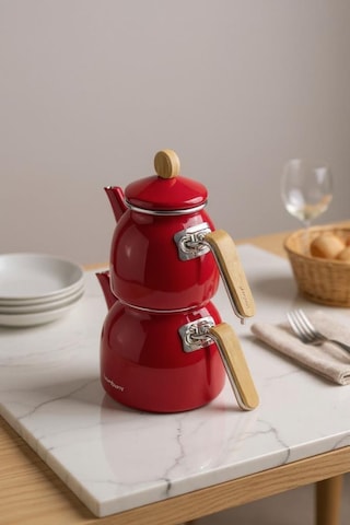 Sultan - Bambu Kulplu Çaydanlık Takımı Kırmızı Kırmızı