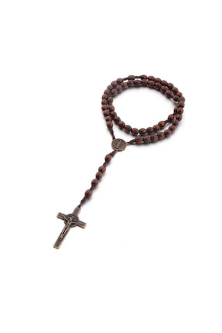 Ahşap Boncuk El Yapımı Tel Vintage Haç Kolye Koyu Kahve Çok Renkli