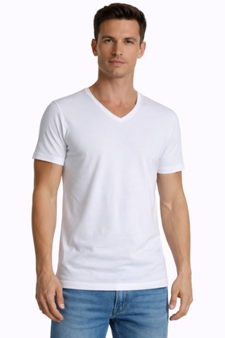 Çift Kaplan Erkek Elastanlı V Yaka T-shirt 0956 3'lü Beyaz