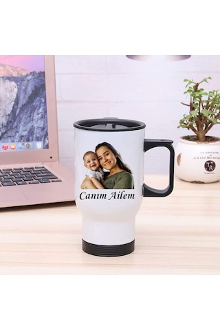 Kişiye Özel Kulplu Fotoğraflı Çelik Bardak Termos - 450mlt Beyaz