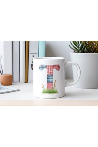 T Harfli Retro Çiçekli Kupa Bardak - Patchwork Tarz Yamalı Desenli İsme Özel Kupa - Hediye 07 Beyaz