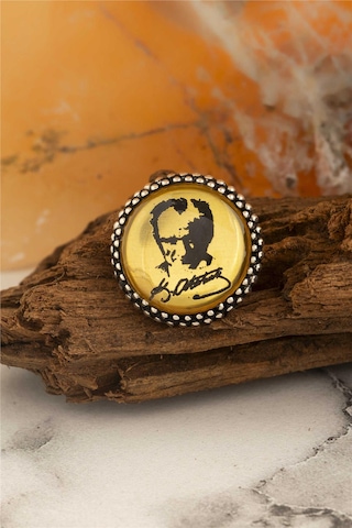 Sarı Zemin Üzeri Atatürk İmzalı Silüetli Gümüş Rozet -8471 Gümüş