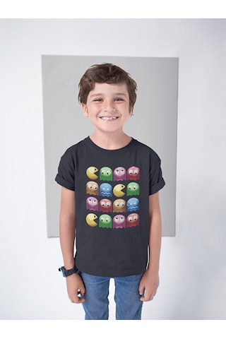 Sevbano Pacman Oyun Baskılı Unisex Çocuk Tişört 1-12 Yaş Siyah
