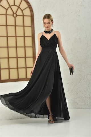 Neşeli Butik Kadın Siyah Simli Yırtmaç Detaylı Askılı Uzun Abiye Nbs9276 Siyah