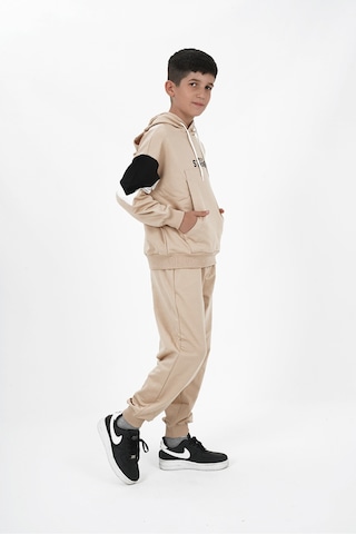Haykids Erkek Çocuk İki İp Kumaş Baskılı Kapüşonlu Eşofman Takımı Bej