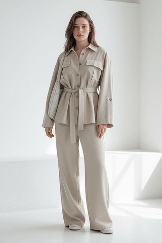 Seeh Bej Uzun Kollu Oversize Kadın Takım Sh338 Standart
