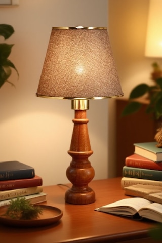 Ahşap Gövdeli Kumaş Başlıklı Dekoratif Abajur Masa Lambası Aydınlatma Lamba Kahverengi