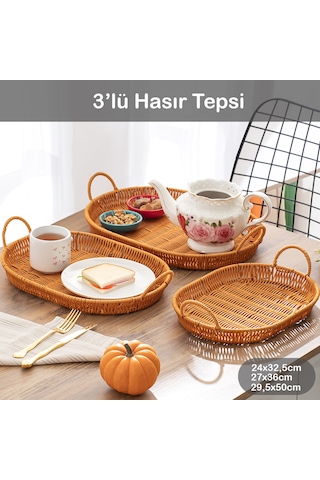 Porsima 708d Oval 3'lü Hasır Tepsi Dekoratif Sunum Servis Tepsisi