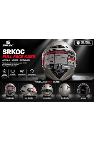 Srkoc İntercom Uyumlu Full Face Ece 22.06 Sertifikalı Gri Motorsiklet Kaskı