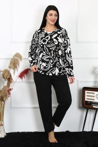 Akbeniz Kadın Büyük Beden Penye Uzun Kol Pijama Takım 202217 Siyah