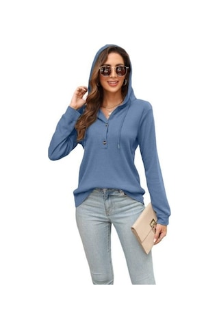 Novahub İlkbahar/sonbahar Kadın Kapşonlu Sweatshirt - Waffle Kravat - Uzun Kollu - Mavi Boy: S, M, L, Xl, Xxl Mavi