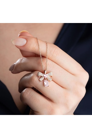 Vaoov 925 Ayar Gümüş Pembe Baget Taşlı Kalpli Kurdele Kolye Rose
