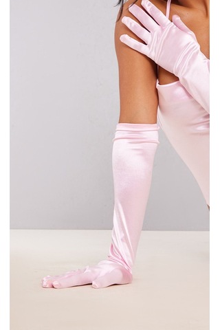 Uzun Boy Parlak Esnek Likralı Eldiven 40 Cm - 1 Çift- Pembe Çok Renkli