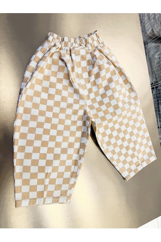 Magu Çocuk Pamuklu Bej Dama Desenli Oversize Pantolon