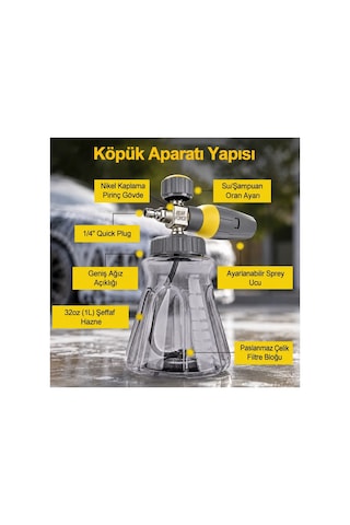 Robeve Bear Force Active Profesyonel Köpük Aparatı 1 L Nikel Kaplama Pirinç Gövde, 4000 Psı / 280 Bar Foam Cannon, 1/4 Quick Plug, Ayarlanabilir Sprey Ve Şampuan Oranı