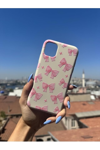 İphone 13 Pro Max Uyumlu Pembe Kurdeleler Tasarımlı Telefon Kılıfı - Krem