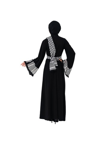 Zaytoon Fermuarlı Filistin Kefiye Desenli Geniş Püsküllü Kolları Dik Yakalı Siyah Filistin Elbise C100049 Siyah