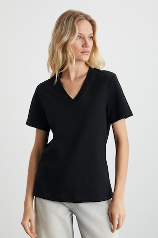 GRIMELANGE Alıne Kadın %100 Organik Pamuk Derin V Yakalı Comfort Fit Siyah T-shirt Siyah