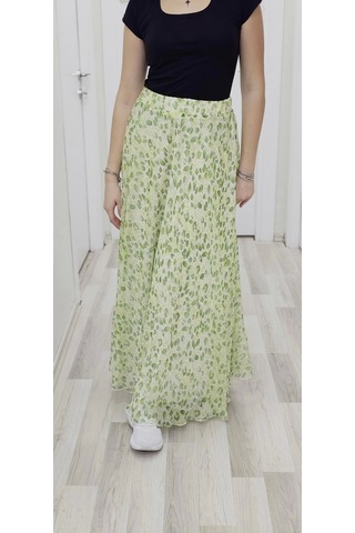 Bel Lastikli Kloş Şifon Etek 6003-Beyaz - Yeşil