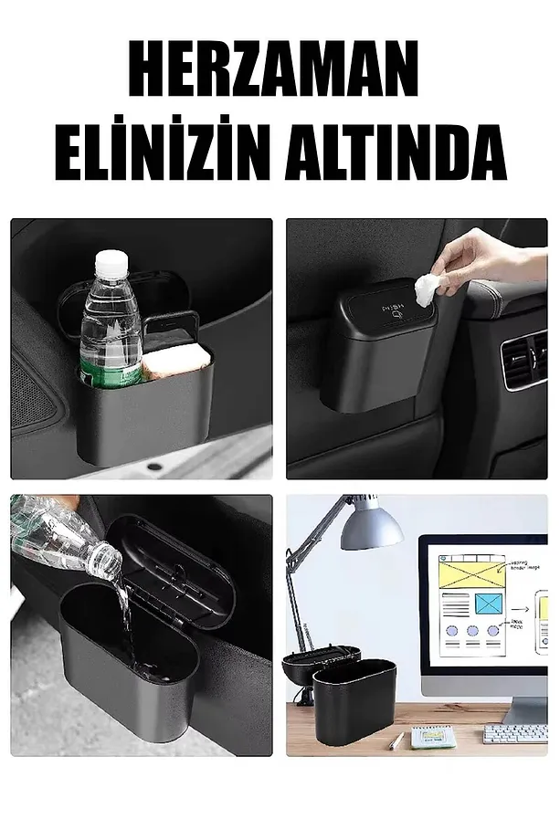 Mini Oto Çöp Kovası Abs Plastik Siyah Siyah