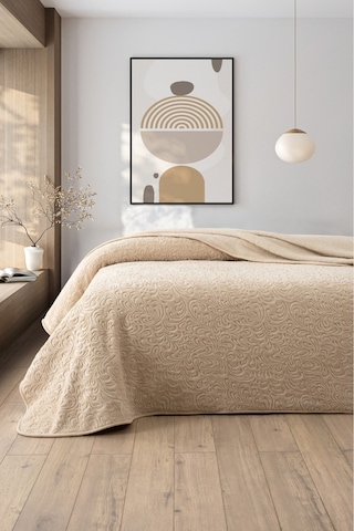 Jakarlı Kadife Dokulu Çift Kişilik Kalın Battaniye Yumuşak, Sıcak Ve Şık Yatak Örtüsü Bej Krem