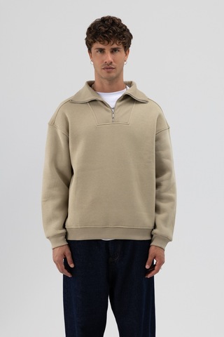 Vamos Basic Fermuarlı Dik Yaka Sweatshirt Haki