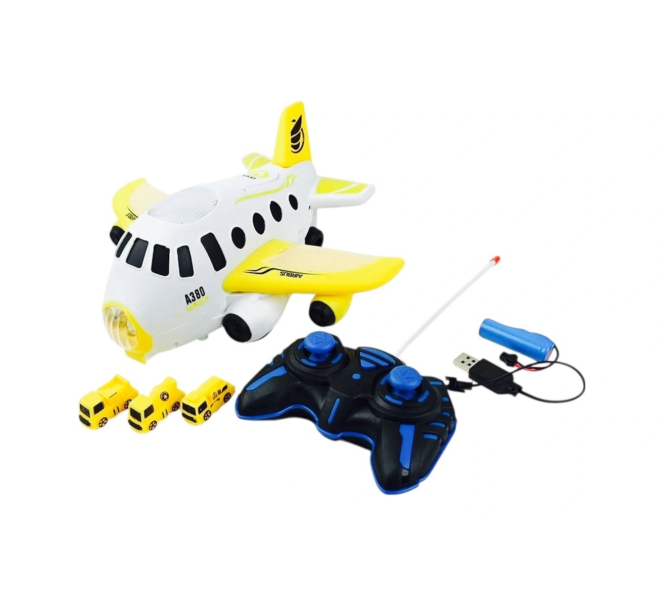 Uzaktan Kumandalı Işıklı Sesli Şarjlı İçinden Araç Çıkan Uçak Sarı - Mavi