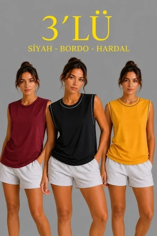 Butik İstanbul 3 Lü Kolsuz Sporcu Atlet Seti Yazlık Bisiklet Yaka - Siyah, Bordo, Hardal Çok Renkli