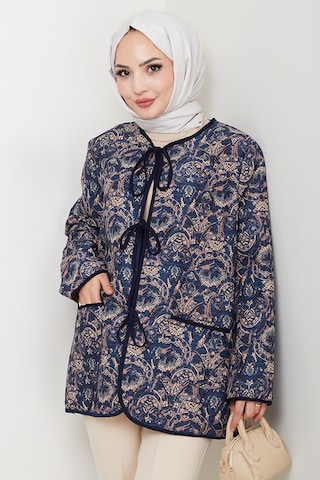 Etnik Desen Bağlamalı Kapitone Ceket 1618 - Lacivert Lacivert