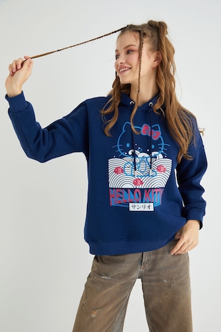 Hello Kitty Lisanslı Baskılı Kapüşonlu Lacivert Sweatshirt Renkli