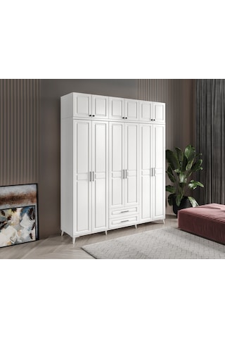 GuneyStore Gözde 6 Kapaklı Yüklüklü Komple Mdf Beyaz Gardırop