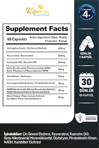 Kiperin Elixea Longevity Anti-aging Ve Canlandırıcı Etki Çin Geveni Ekstresi, Nadh, Pirolokinolin Kinon, Resveratrol, Glutatyon, Koenzim Q10, Nmn 60 Kapsül