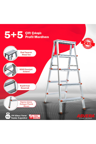 Safir Serisi - 5+5 Basamaklı Çift Çıkışlı Galvanizli Profil Merdiven Ev, Bahçe, İşyeri İçin Uygun